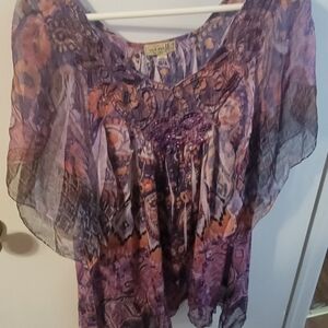 ONE WORLD Purple Paisley Sheer Tunic with Beaded Neckline